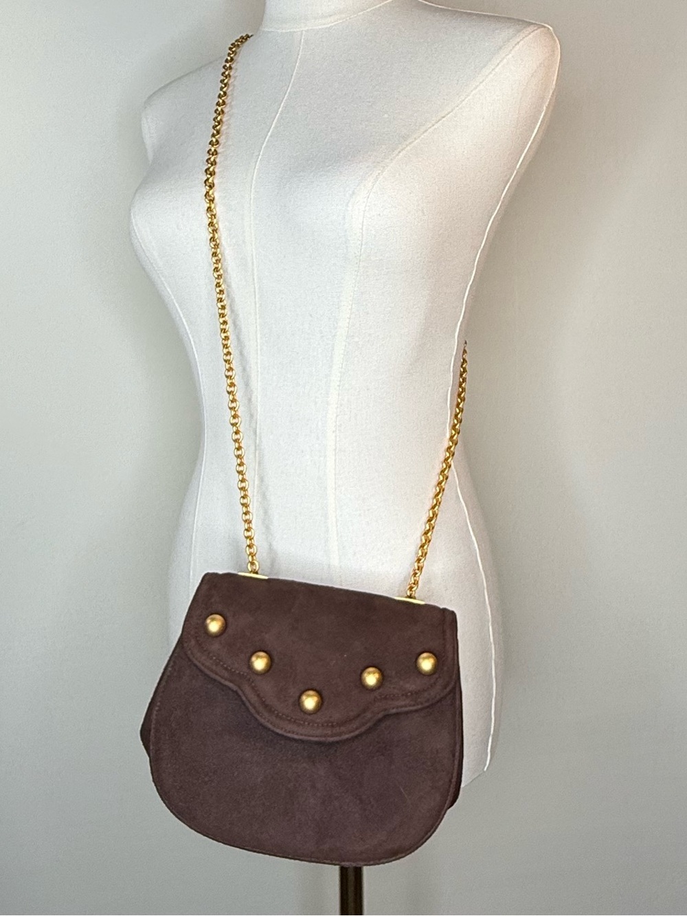 Neiman Marcus Brown Vegan Suede Crossbody with Gold Chain & Studs